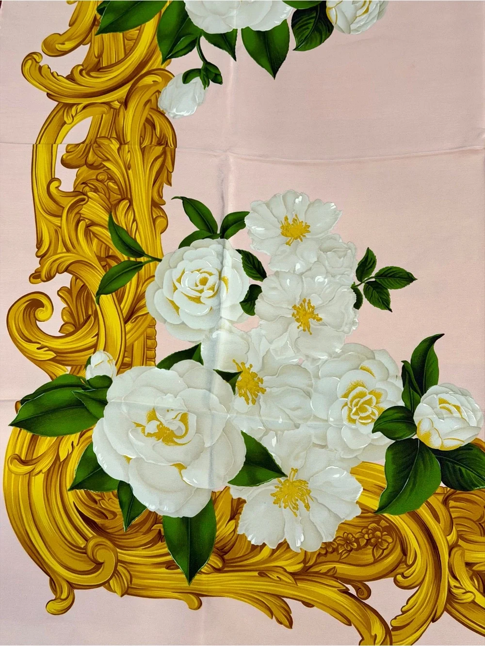 CHANEL Vintage Pink Silk Scarf with White Camellias and Gold Scroll Border